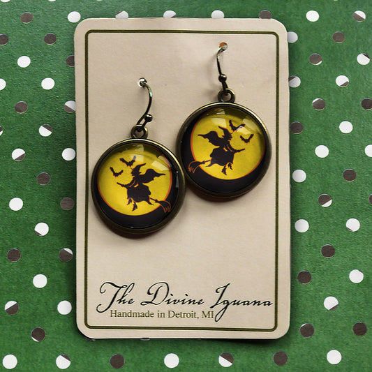 Flying Witch Retro Halloween Glass Cabochon Earrings