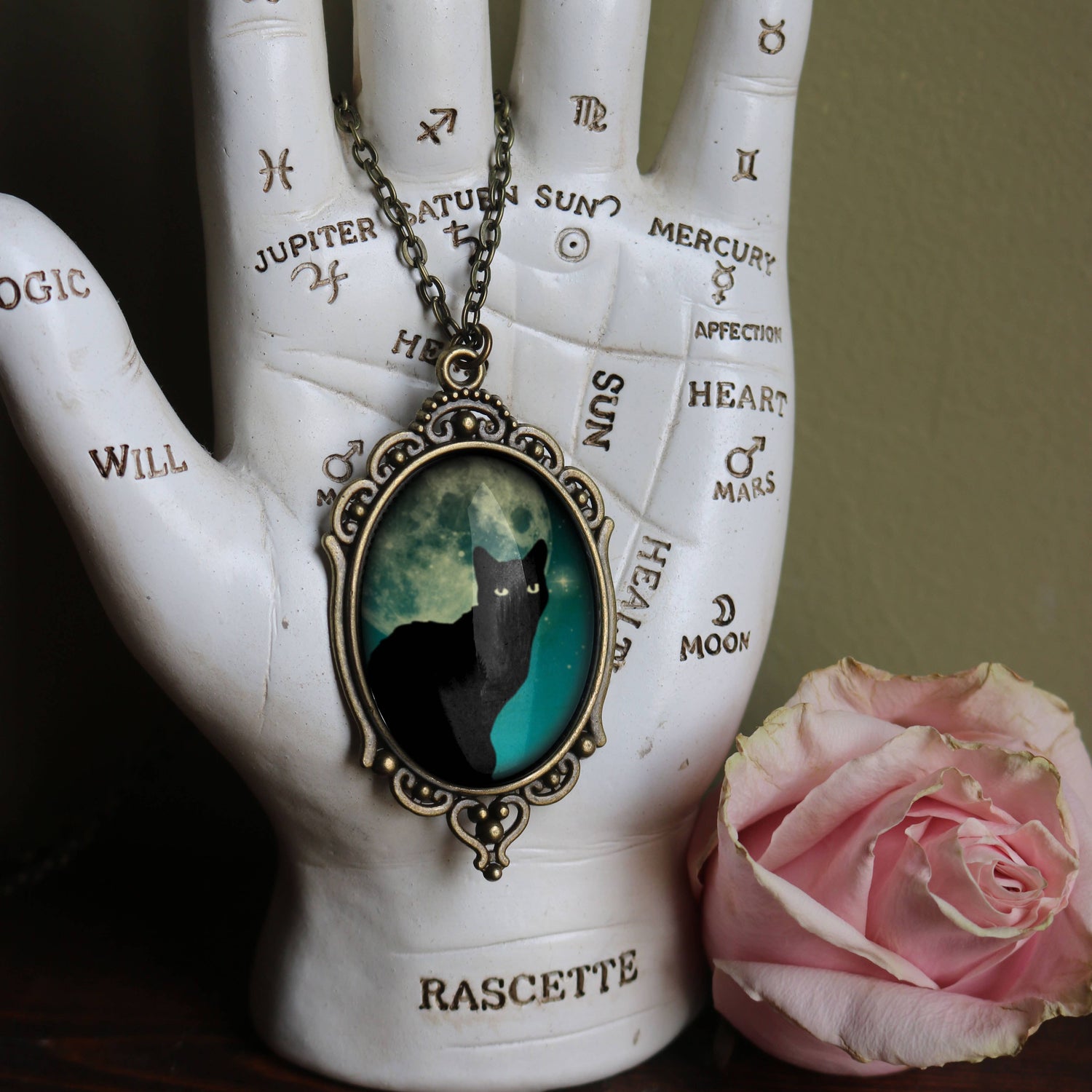 Teal Cat on Full Moon Ornate Oval Halloween Pendant Necklace