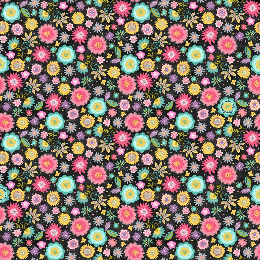 End of bolt Contempo at Home Fabric 1 & 1/2 yard Happy Floral Black