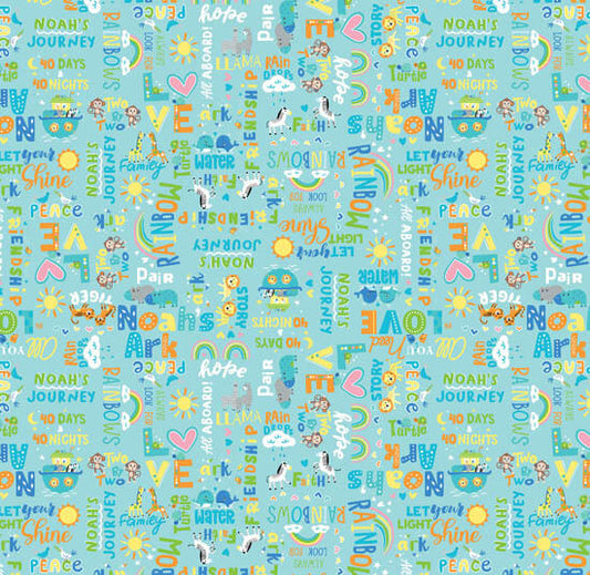 Noah's Journey - Two By Two Words - Aqua Fabric by the Yard