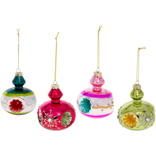 Vintage Glass Christmas Ornament Set S/4 Jewel Tones