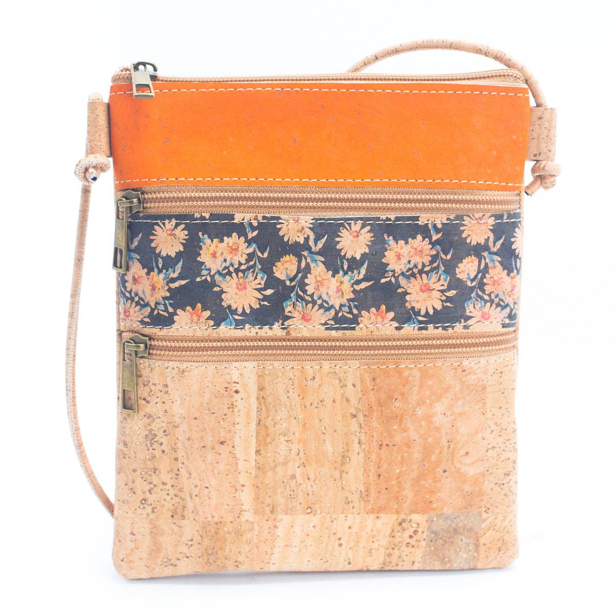 Women's Natural Cork Crossbody Bag with Three Zippers BAP-22
