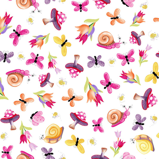 Sloane the Snail Garden Toss White Fabric by the Yard