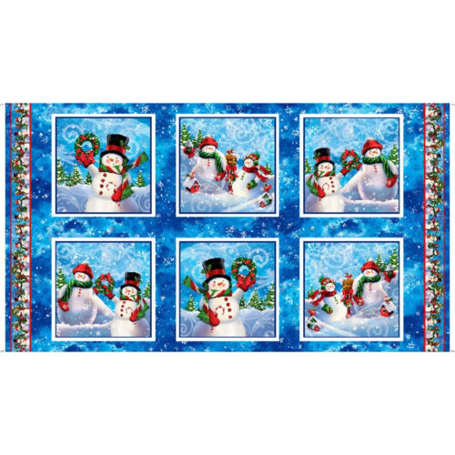 Christmas Snowman Fabric Whirlwind Snowmen Snow Scenes Blue Cotton QT 24" Panel