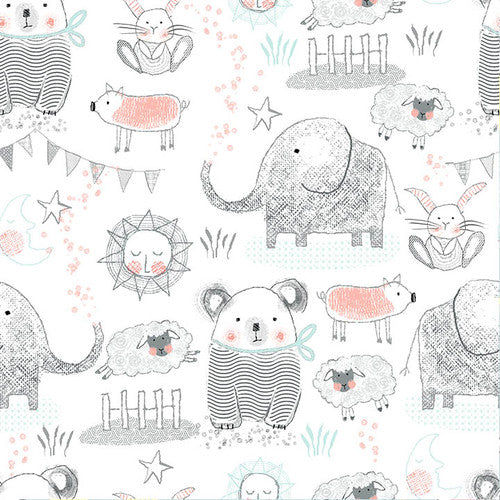 Elephants, lambs, pigs, bunnies, bears on white., Flannel by the yard, A E Nathan