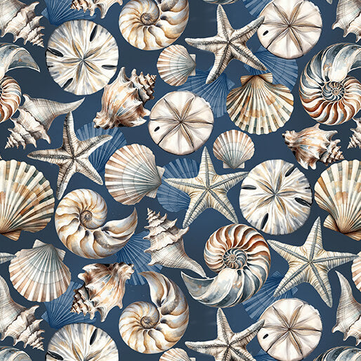 Coastal Escape from Benartex, Coastal Shells Dark Blue by the yard