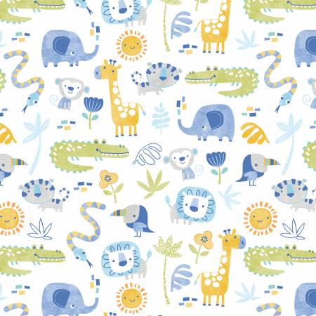 Benartex Chalk Baby Flannel Chalk Jungle Toss Blue/Multi Flannel by the Yard