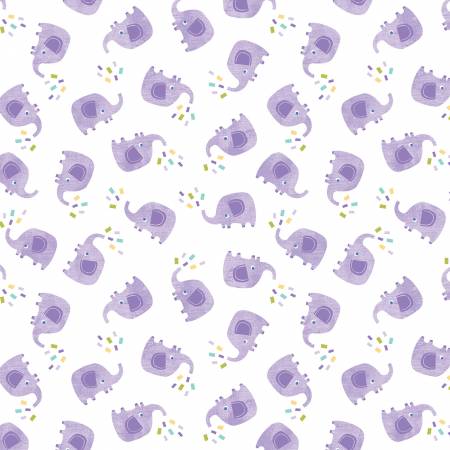 Benartex Chalk Baby Flannel Elephant Play White/Purple Flannel by the Yard