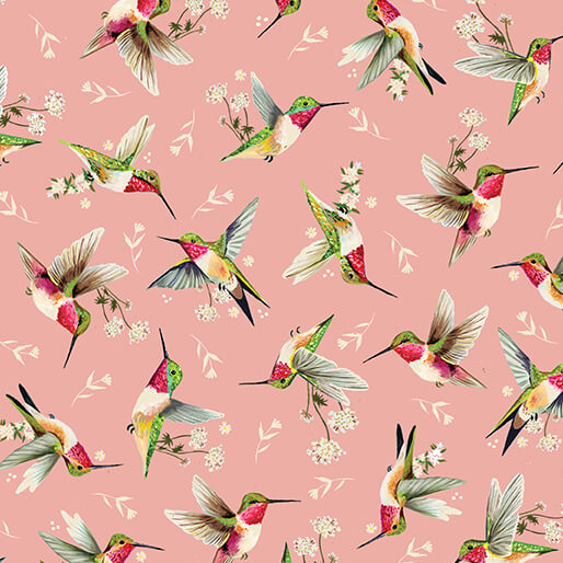 Hummingbird Toss Rose from by Katie Daisy for Benartex