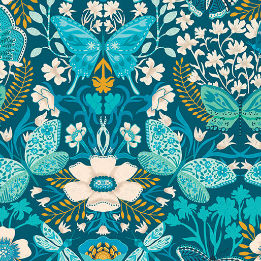Mirrors, Butterfly Abundance Teal by Nina Pace from Benartex by the yard
