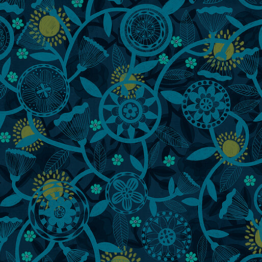 Mirrors, Circle Magic Dark Teal by Nina Pace from Benartex by the yard
