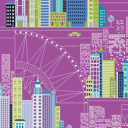 Cityscape Night Plum by Amanda Murphy, by the yard