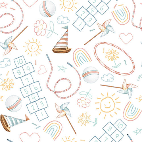 White Fun & Games, Boho Buddies from Henry Glass, sold by the Yard