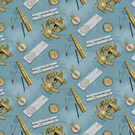 Blue/ Multi Nautical Instruments 4.8 Inch repeat by the yard from Henry Glass