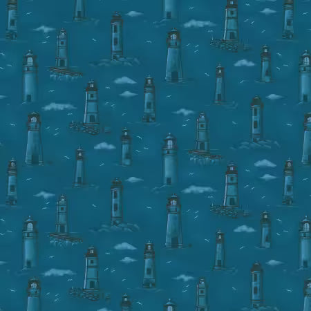 Blue Monochromatic Lighthouses 4.8 Inch repeat by the yard from Henry Glass