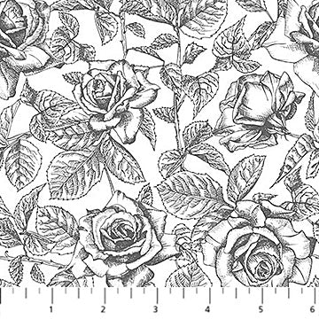 Till Death us do part Black Multi- White Gray Toile Roses, by the yard