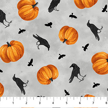 Spellbound, Gray Multi Crowds and Pumpkin from Northcott, by the yard