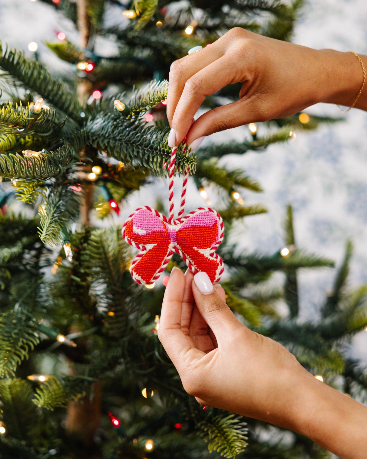 Needlepoint Icon Ornament - Bow, Finished Product