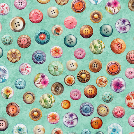 In Stitches by Morris Creative Group for QT fabrics, Mint, Buttons by the yard