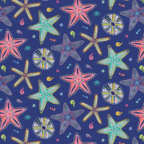 Along the Coast, from Blank Quilting, Dark Blue Starfish by the yard