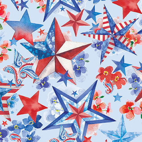 3902-11 Lt. Blue || Lucky Stars, stars with flowers,  for blank quilting by the yard