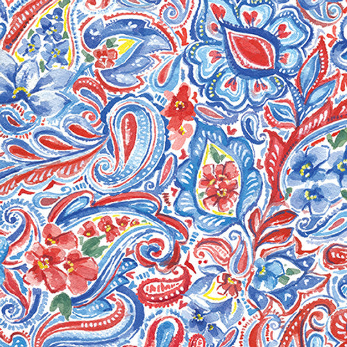 3909-75 Med. Blue || Lucky Stars, Paisley with Flowers,  for blank quilting by the yard