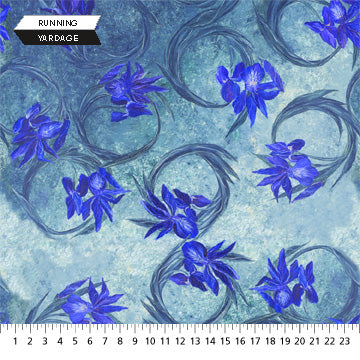 Rain Showers from Frond Studios for Northcott, ICE Blue Iris Storm sold by the yard