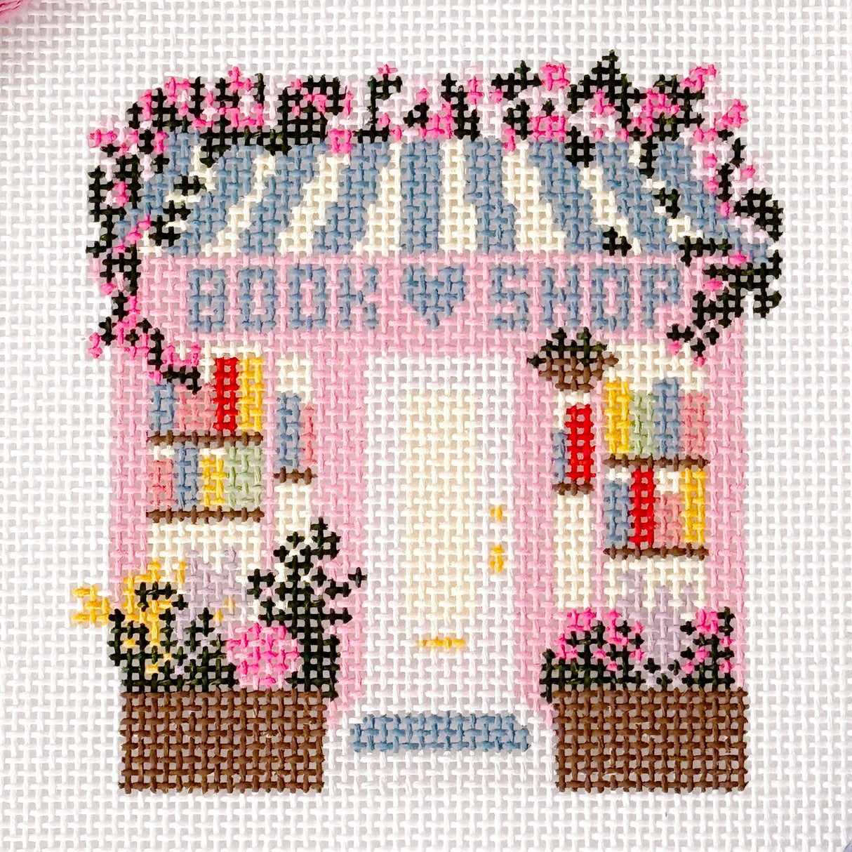 Ready to Ship Hand Painted Book Shop Storefront 6” Needlepoint Canvas 13 Mesh Reading Needlepoint Canvas Storefront Hand Painted