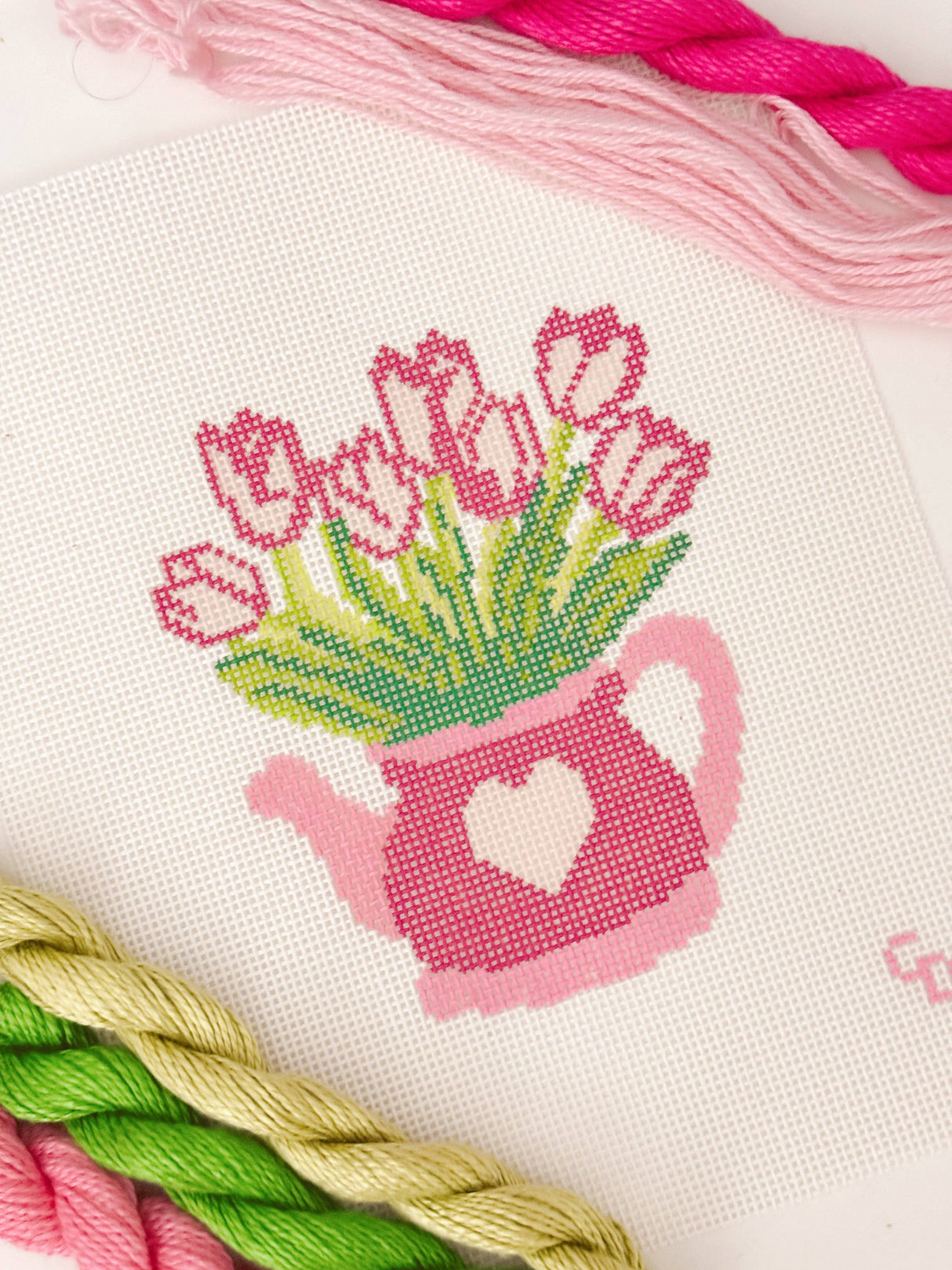 Heart Flower Teapot Needlepoint Canvas 13 Mesh , Valentine's Day Needlepoint Canvas, 4.5”x5.5" Needlepoint Canvas