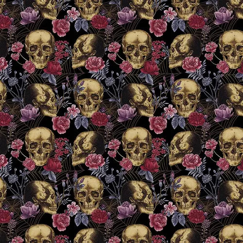 Bones Collection from Studio E,  Black Skulls & Flowers by the yard