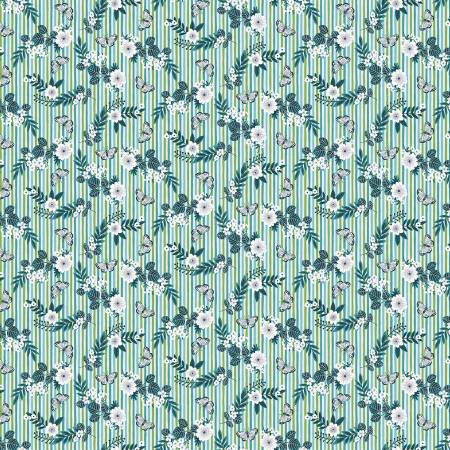 Aqua Striped Floral fabric by the yard, studio E