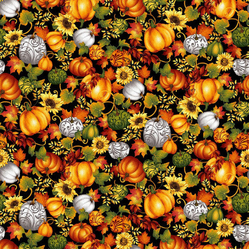 7698-99 Black Multi  Pumpkins, by the yard