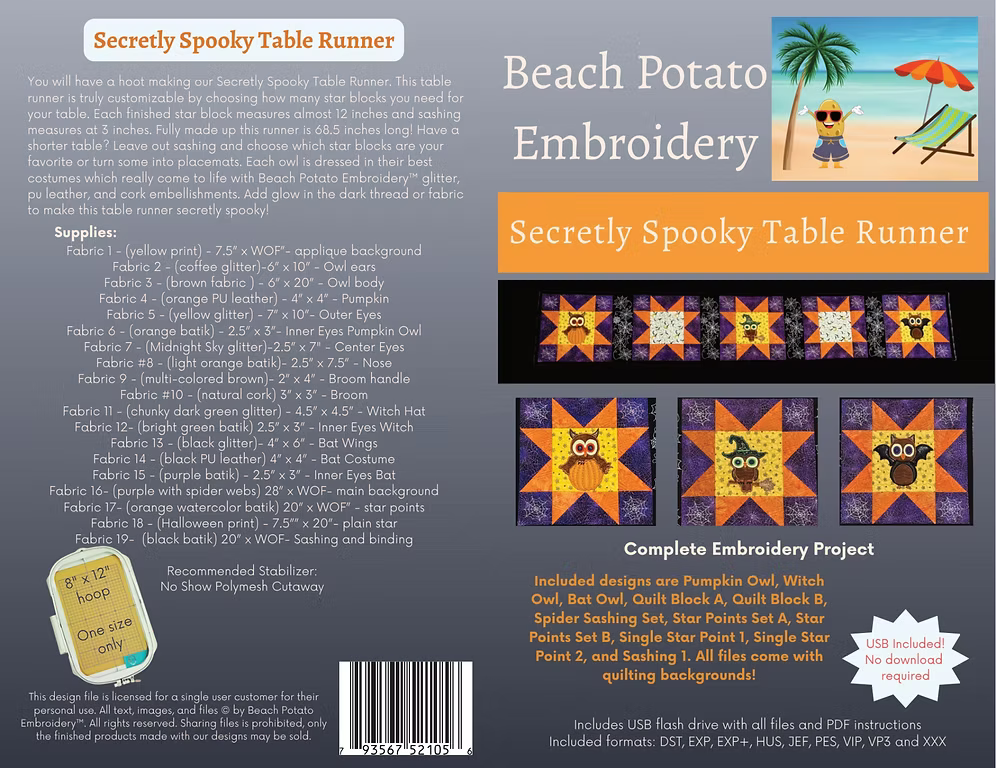 Secretly Spooky Table Runner Embroidery Pattern from Beach Potato Embroidery