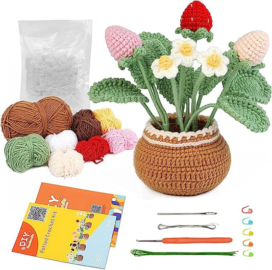 Crochet Kit for Beginners, Handmade Strawberry Plant Potted Crochet Knitting Kit
