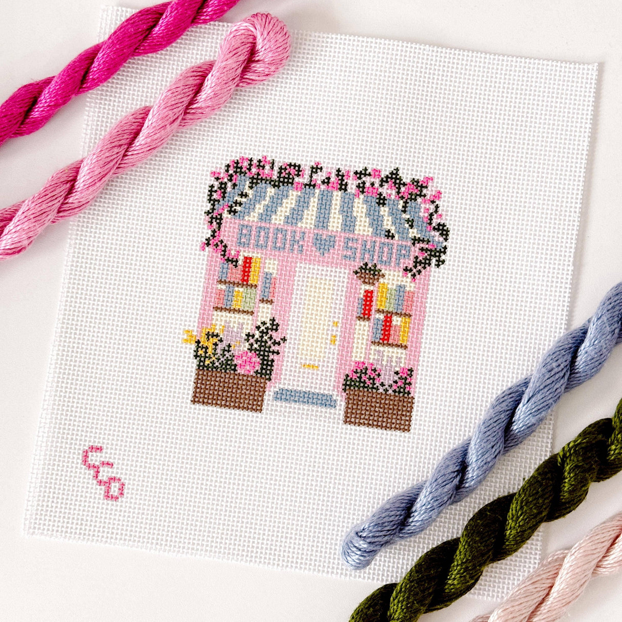 Ready to Ship Hand Painted Book Shop Storefront 6” Needlepoint Canvas 13 Mesh Reading Needlepoint Canvas Storefront Hand Painted