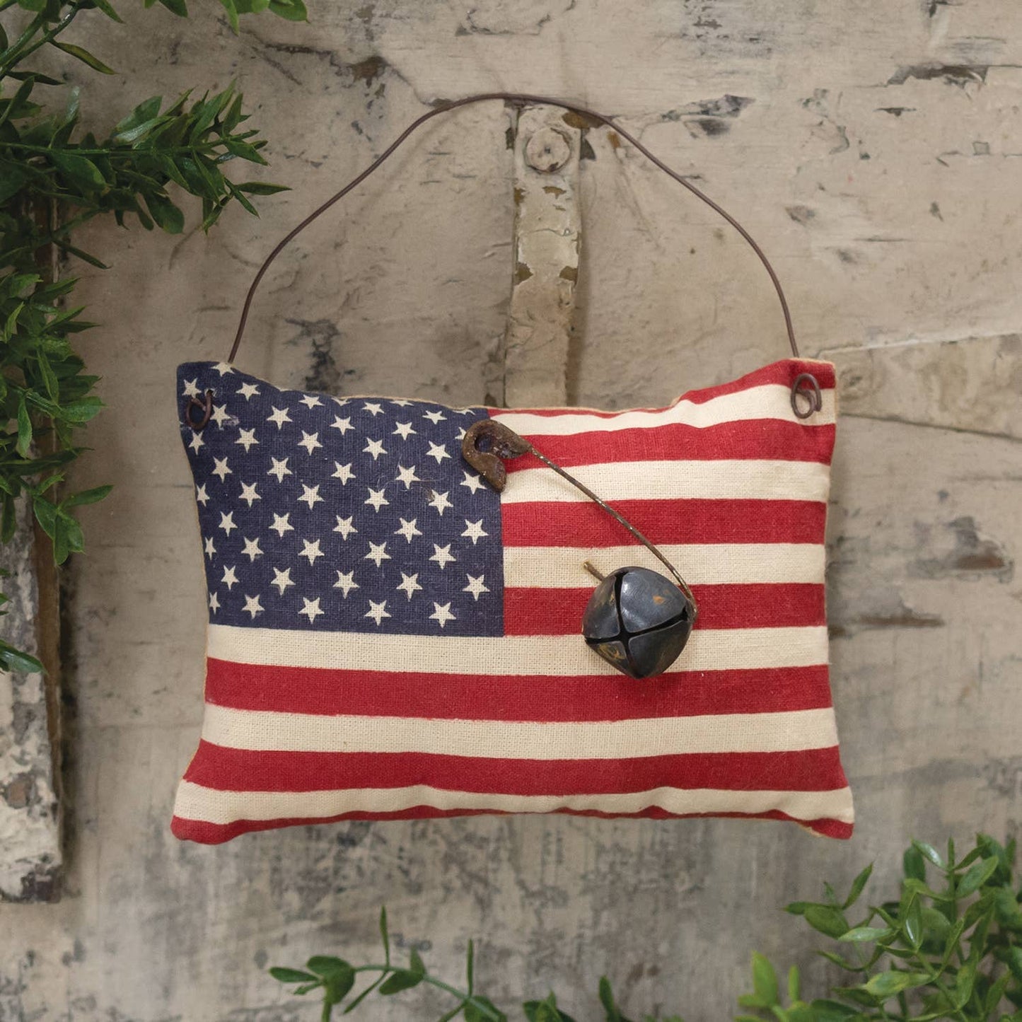 Stuffed Primitive American Flag Ornament w/Rusty Bell