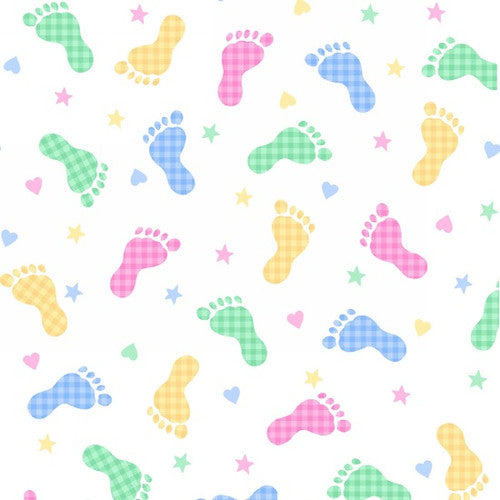 Multi-colored pastel baby footprint flannel print , Flannel by the yard, A E Nathan