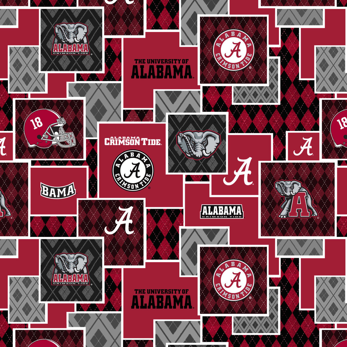 Official Licensed University of Alabama Cotton Quilting Fabric-Alabama Crimson Tide Argyle Boxes Cotton Fabric Sold by the Yard