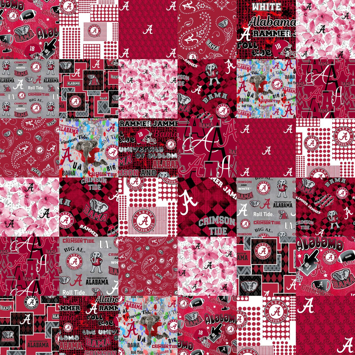 Official Licensed University of Alabama Cheater Quilt Printed Cotton Fabric-Alabama Crimson Tide Cotton Fabric with Patchwork Cheater Quilt Print-60” Width