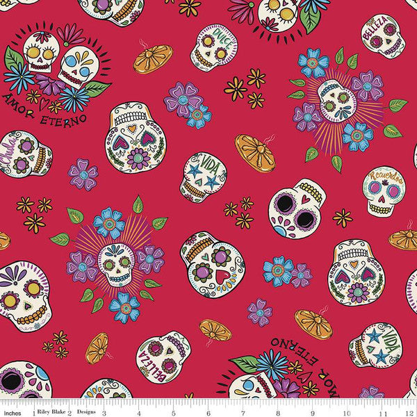 Amor Eterno Skulls Red Fabric by the Yard