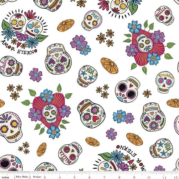 Amor Eterno Skulls White Fabric by the Yard