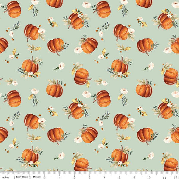 Shades of Autumn Pumpkins Tea Green, By Riley Blake-online only