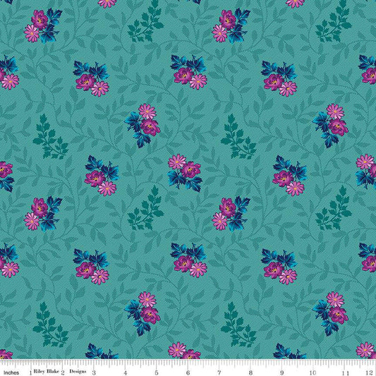 Riley Blake Brilliance Floral Cluster Vine Teal, by the yard