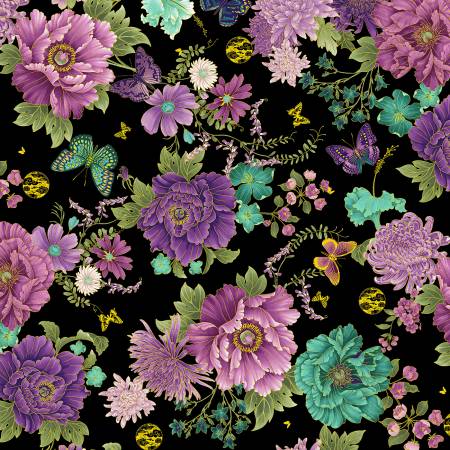 Black Asian Floral & Butterflies Metallic, Shizuka by Timeless Treasures, by the yard