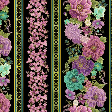 Black Asian Floral 11In Stripe Metallic, Shizuka by Timeless Treasures, by the yard