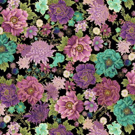 Black Packed Asian Floral Metallic, Shizuka by Timeless Treasures, by the yard (Copy)