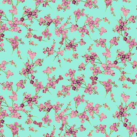 Aqua Cherry Blossom Branches Metallic, Shizuka by Timeless Treasures, by the yard