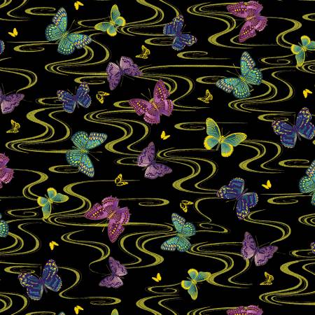 Black Floating Butterflies Metallic, Shizuka by Timeless Treasures, by the yard