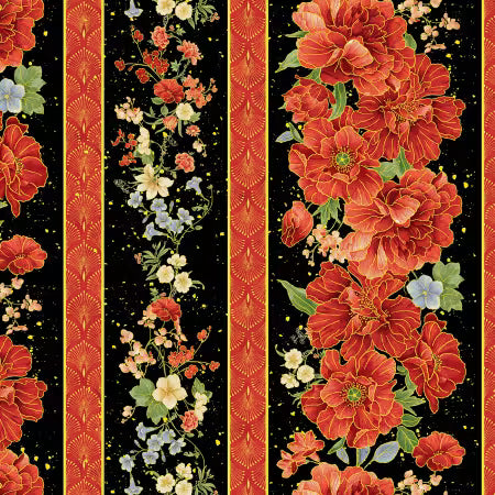 Black Imperial Bloom w/Metallic border print from Timeless Treasures by the yard