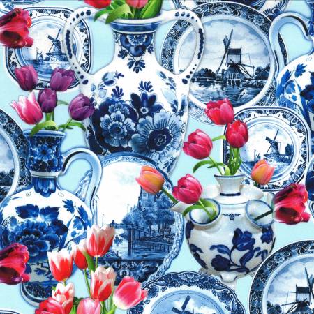 Royal Delft Still Life, light blue Blue from Michael Miller Fabrics, by the yard